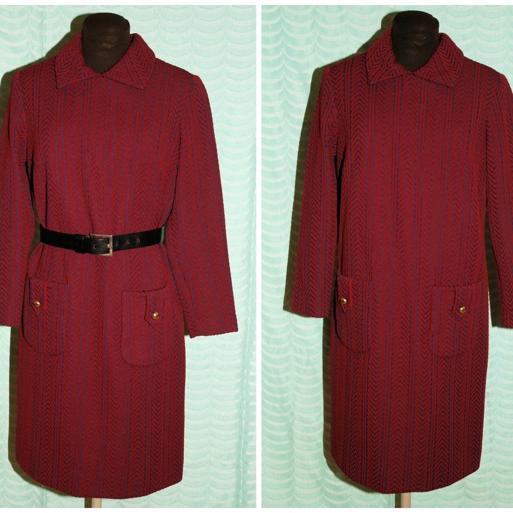VTG 60's 70s Mod Chevron Print Coat Dress Size MED